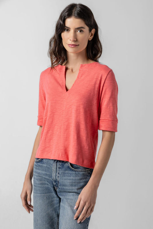 Cuffed Sleeve Split Neck